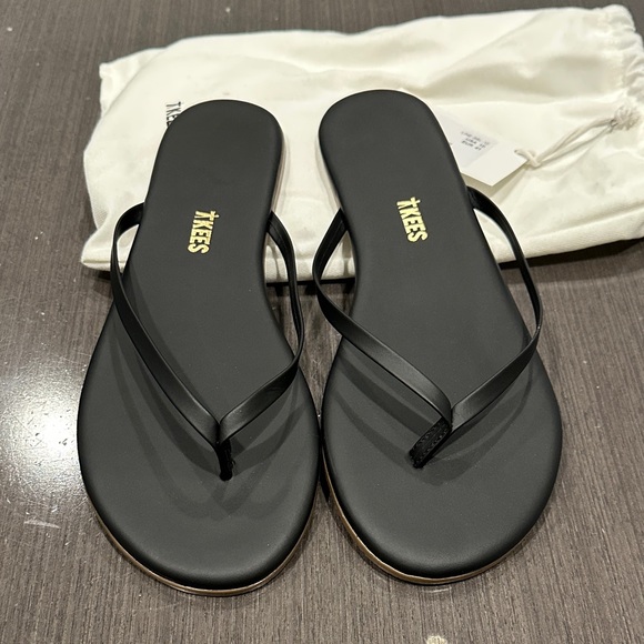 TKEES Black Leather Slim Strap Flip Flop Sandals - Lily Liners - Color Sable - Picture 2 of 8